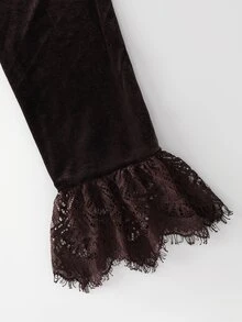 LUMIGAL Vintage Elegant V-Neck Velvet Dress With Lace Trim Hem And Cuffs, Asymmetrical Hem, Fitted Short Style - Coffee Brown - View 6