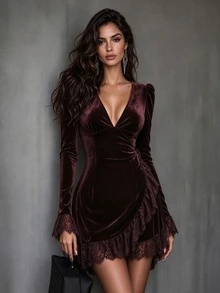 LUMIGAL Vintage Elegant V-Neck Velvet Dress With Lace Trim Hem And Cuffs, Asymmetrical Hem, Fitted Short Style - Coffee Brown - View 1