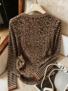 Resyla Autumn Outdoor Top, Plus Size Women's Half-Collar Long Sleeve T-Shirt, Classic Brown Leopard Print Pattern, Graphic Design, Daily Wear, Casual Versatile - Multicolor - View 2