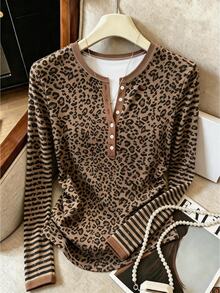Resyla Autumn Outdoor Top, Plus Size Women's Half-Collar Long Sleeve T-Shirt, Classic Brown Leopard Print Pattern, Graphic Design, Daily Wear, Casual Versatile - Multicolor - View 1