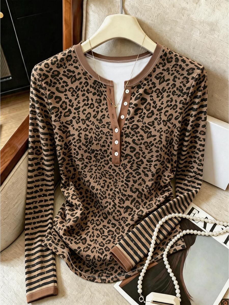 Resyla Autumn Outdoor Top, Plus Size Women's Half-Collar Long Sleeve T-Shirt, Classic Brown Leopard Print Pattern, Graphic Design, Daily Wear, Casual Versatile - Multicolor - View 1