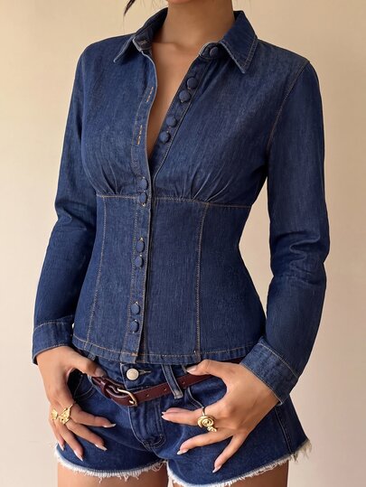 Siren Gaze Women's Long Sleeve Single-Breasted Casual Commute Denim Shirt, Fall Winter Outfits For Women, Long Sleeve Casual Denim Blouse, Elegant, Slim Fit.