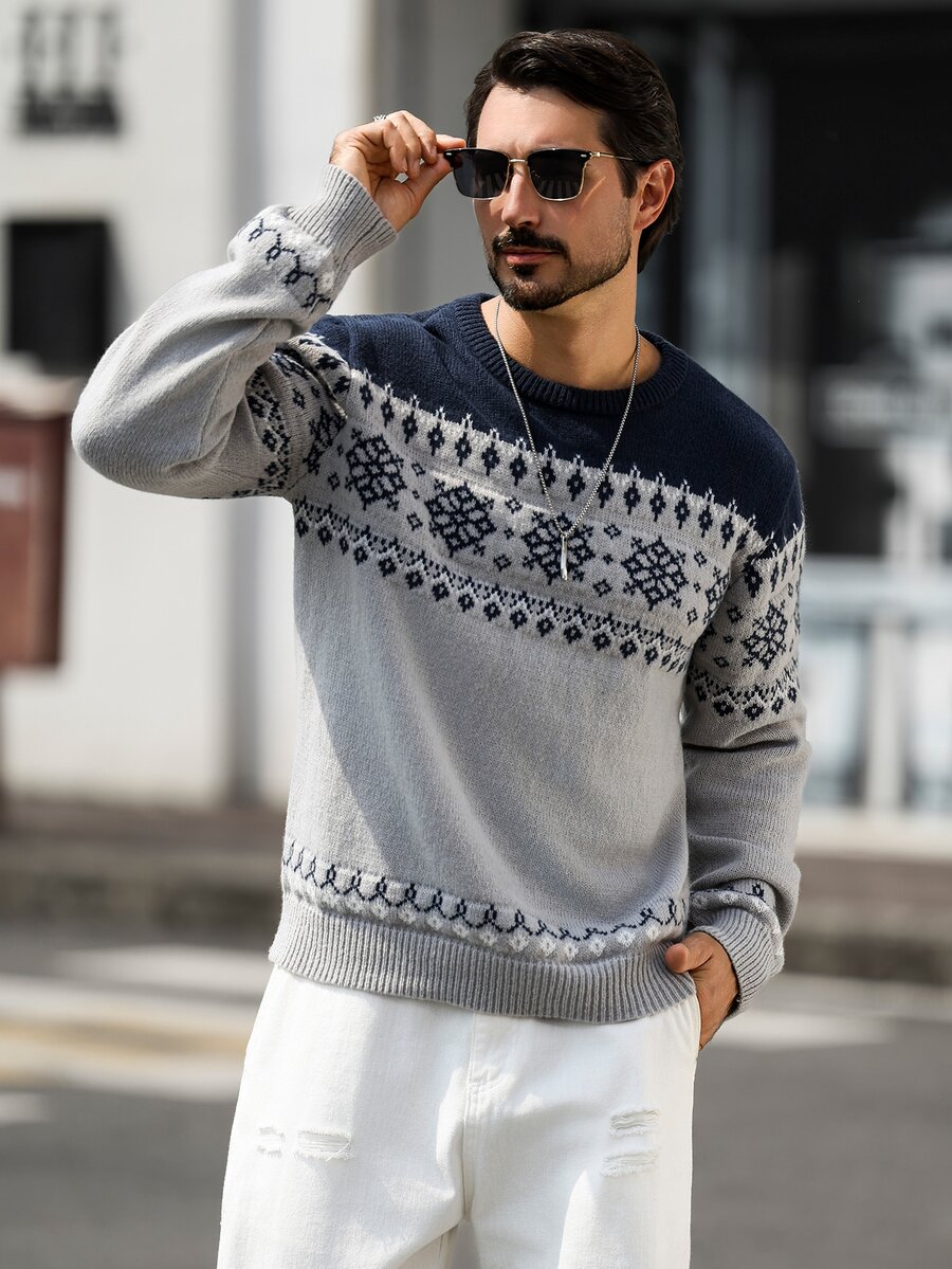 Marcello Vane Men's Holiday Versatile Jacquard Long Sleeve Sweater For Daily Wear - Grey - View 1