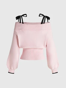 ROMWE Kawaii Sexy Romantic Thick Knit Z-Pattern Deep Grey Off-Shoulder Lantern Sleeve Pullover Sweater - Pink - View 2