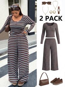 Muchica Plus Size Women's Button Design Brown Long Sleeve T-Shirt Wide Leg Pants Casual Swaggy Streetwear 2 Pieces Set Fall Vacation Formal - Multicolor - View 1