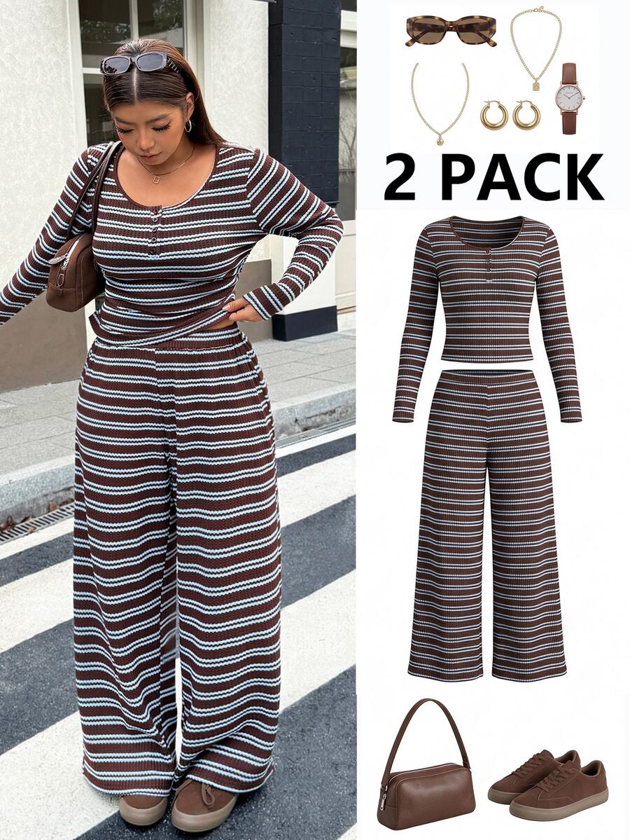 Muchica Plus Size Women's Button Design Brown Long Sleeve T-Shirt Wide Leg Pants Casual Swaggy Streetwear 2 Pieces Set Fall Vacation Formal - Multicolor - View 1