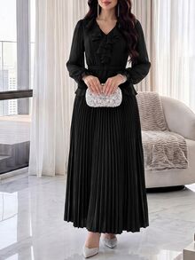 Feyla Women's Solid Color Ruffle Trim Casual Party Long Commuter , Fall Women Fall - Black - View 4