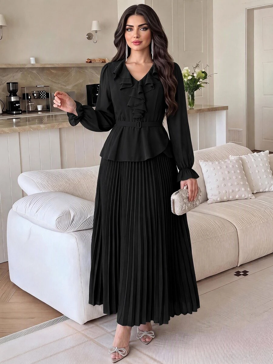 Feyla Women's Solid Color Ruffle Trim Casual Party Long Commuter , Fall Women Fall - Black - View 1