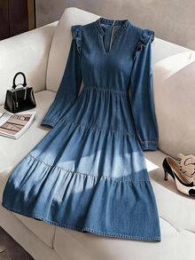 GlowEve Fall Sweet Flattering Ruffle Trim Soft Denim Blue Daily Wear Party Versatile Denim Dress For Women - Medium Wash - View 4