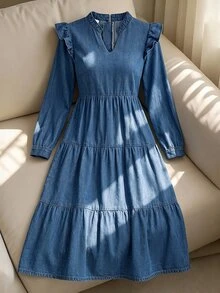GlowEve Fall Sweet Flattering Ruffle Trim Soft Denim Blue Daily Wear Party Versatile Denim Dress For Women - Medium Wash - View 5