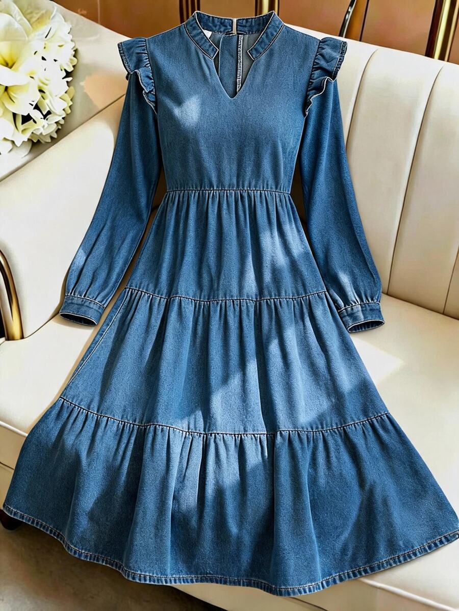GlowEve Fall Sweet Flattering Ruffle Trim Soft Denim Blue Daily Wear Party Versatile Denim Dress For Women