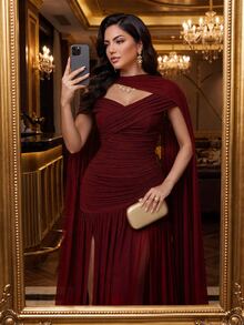 Auveirra Plus Size Women Solid Color Asymmetric Design Pleated Elegant Dress Christmas - Red - View 4