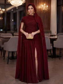Auveirra Plus Size Women Solid Color Asymmetric Design Pleated Elegant Dress Christmas - Red - View 5