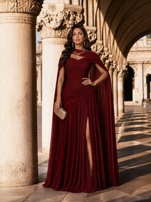 Auveirra Plus Size Women Solid Color Asymmetric Design Pleated Elegant Dress Christmas - Red - View 10