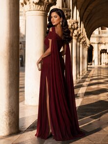 Auveirra Plus Size Women Solid Color Asymmetric Design Pleated Elegant Dress Christmas - Red - View 7
