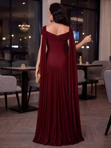 Auveirra Plus Size Women Solid Color Asymmetric Design Pleated Elegant Dress Christmas - Red - View 2