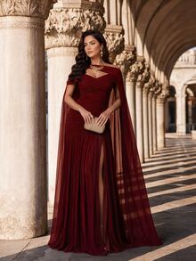 Auveirra Plus Size Women Solid Color Asymmetric Design Pleated Elegant Dress Christmas - Red - View 9