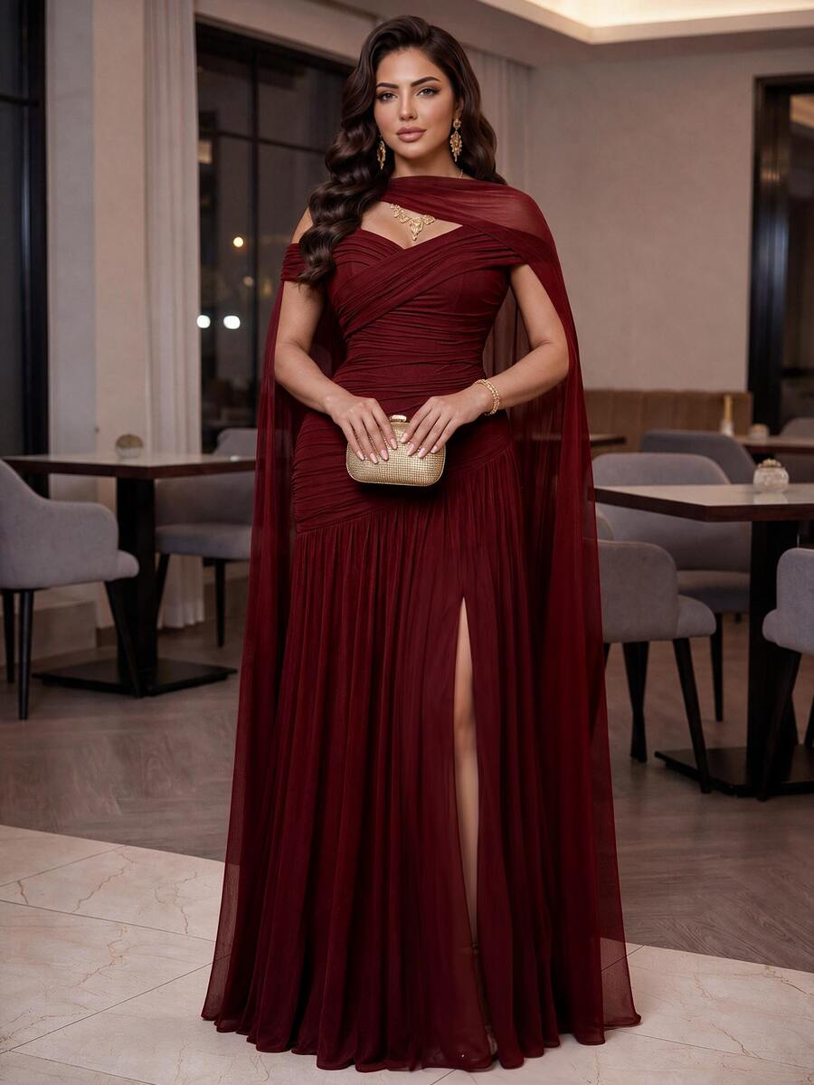 Auveirra Plus Size Women Solid Color Asymmetric Design Pleated Elegant Dress Christmas - Red - View 1