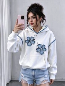 Elenzga Plus-Size Women's Casual, Cute Hooded Sweatshirt Featuring An Embroidered-Style Floral Print-Comfort - White - View 4