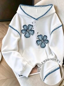 Elenzga Plus-Size Women's Casual, Cute Hooded Sweatshirt Featuring An Embroidered-Style Floral Print-Comfort - White - View 3