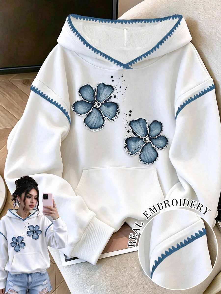 Elenzga Plus-Size Women's Casual, Cute Hooded Sweatshirt Featuring An Embroidered-Style Floral Print-Comfort - White - View 1