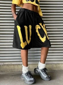 Fiercella Fiercella 女款時尚黃黑數字印花運動街頭風休閒運動兩件套，適合夏季日間外出 - 彩色 - 查看 5