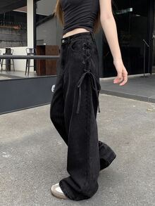 FRIFUL 女款休閒水洗交叉綁帶牛仔長褲 秋季 - 深灰色 - 查看 3