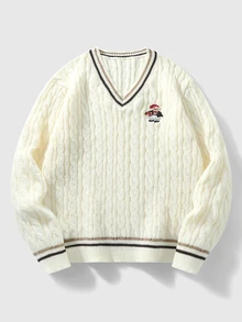 Manfinity Homme Autumn/Winter New V-Neck Pullover Cable Knit Embroidered Bear Long Sleeve Versatile Sweater - Apricot - View 4