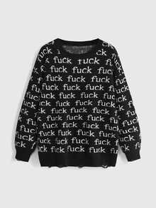 ROMWE Dark Gothic Halloween Ghost Face Jacquard Distressed Design Crew Neck Pullover Loose Fit Sweater - Black and White - View 3