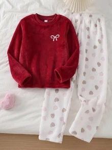 SHEIN 女童大童睡衣套裝 秋季日常可愛休閒優雅家居服 長袖長褲 蝴蝶結刺繡小愛心圖案 刷毛套裝 聖誕 - 彩色 - 查看 4