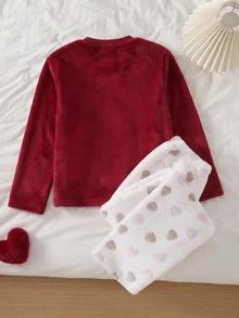 SHEIN 女童大童睡衣套裝 秋季日常可愛休閒優雅家居服 長袖長褲 蝴蝶結刺繡小愛心圖案 刷毛套裝 聖誕 - 彩色 - 查看 2