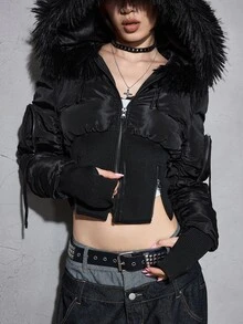 ROMWE Grunge Punk Autumn/Winter Y2K Fuzzy Patchwork Sexy Open Front Hooded Cropped Slim Fit Women's Padded Coat - Black - View 1