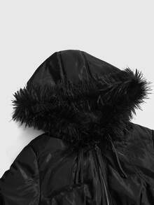 ROMWE Grunge Punk Autumn/Winter Y2K Fuzzy Patchwork Sexy Open Front Hooded Cropped Slim Fit Women's Padded Coat - Black - View 9