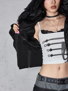 ROMWE Grunge Punk Autumn/Winter Y2K Fuzzy Patchwork Sexy Open Front Hooded Cropped Slim Fit Women's Padded Coat - Black - View 13