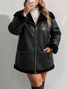 SHEIN CURVE+ Plus Size Plain Front Zipper Long Sleeve Pocket Casual Jacket In Fall/Winter - Black - View 4