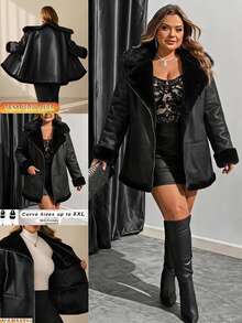 SHEIN CURVE+ Plus Size Plain Front Zipper Long Sleeve Pocket Casual Jacket In Fall/Winter - Black - View 6