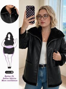 SHEIN CURVE+ Plus Size Plain Front Zipper Long Sleeve Pocket Casual Jacket In Fall/Winter - Black - View 7