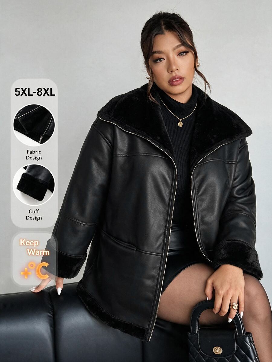 SHEIN CURVE+ Plus Size Plain Front Zipper Long Sleeve Pocket Casual Jacket In Fall/Winter - Black - View 1
