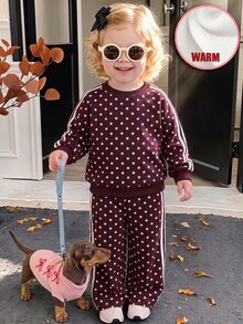 Baby Girl Casual Soft Thick Long Sleeve Crew Neck Pullover Sweatshirt And Wide Leg Pants Set, Suitable For Autumn/Winter - Multicolor - View 7