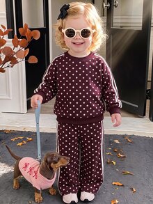 Baby Girl Casual Soft Thick Long Sleeve Crew Neck Pullover Sweatshirt And Wide Leg Pants Set, Suitable For Autumn/Winter - Multicolor - View 9