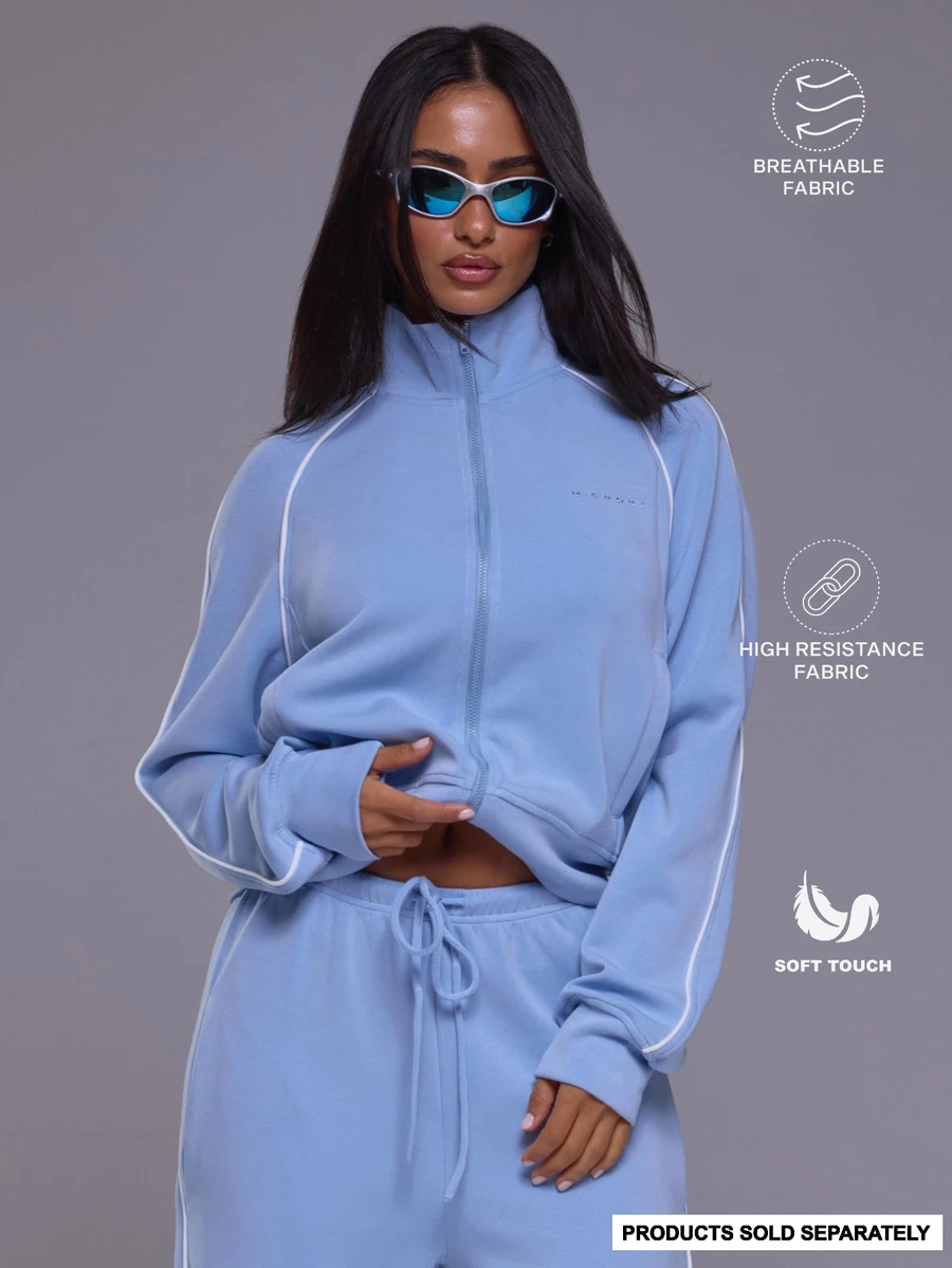 Musera Sport High Neck Zip Through Contrast Piping Pocket Front Soft Brushed Cropped Sweat Track Jacket Autumn Winter Fall Active Gym Workout Ski Blacksnow - Sky Blue - View 1