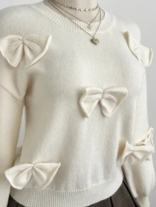 Elamini Women's Autumn/Winter Lazy Fashion Versatile Minimalist Daily Home & Commute Bow Pullover Sweater - Apricot - View 4