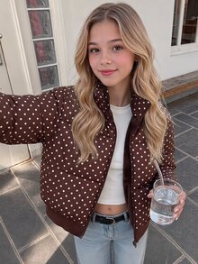 SHEIN 兒童青少年女孩棕色波點寬鬆短版立領羽絨填充冬外套 - 棕色 - 查看 10