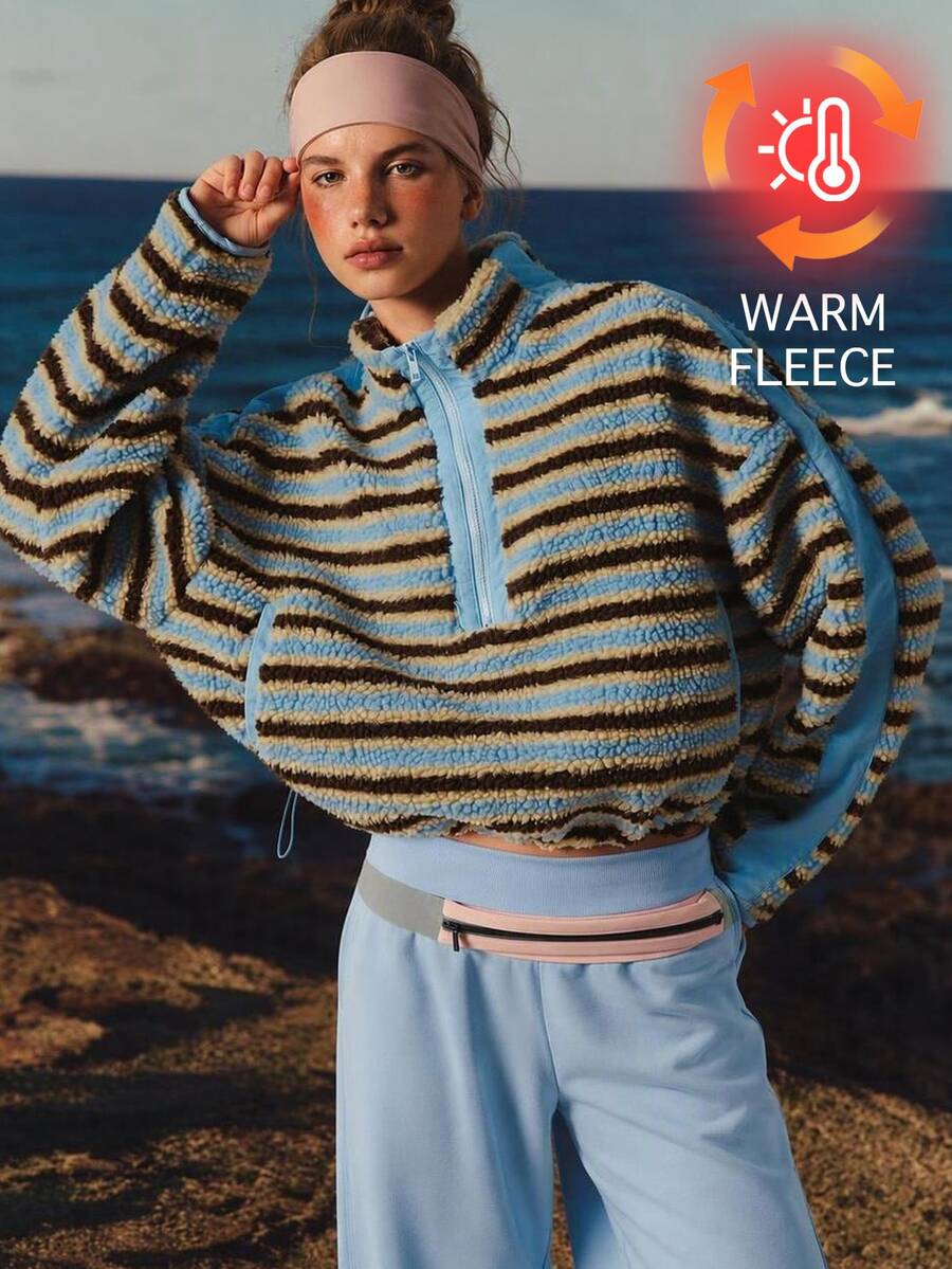 VARSIVA Women's Colorblock Striped Pattern Long Sleeve Half-Zip Stand Collar Fashion Sports Jacket - Multicolor - View 1