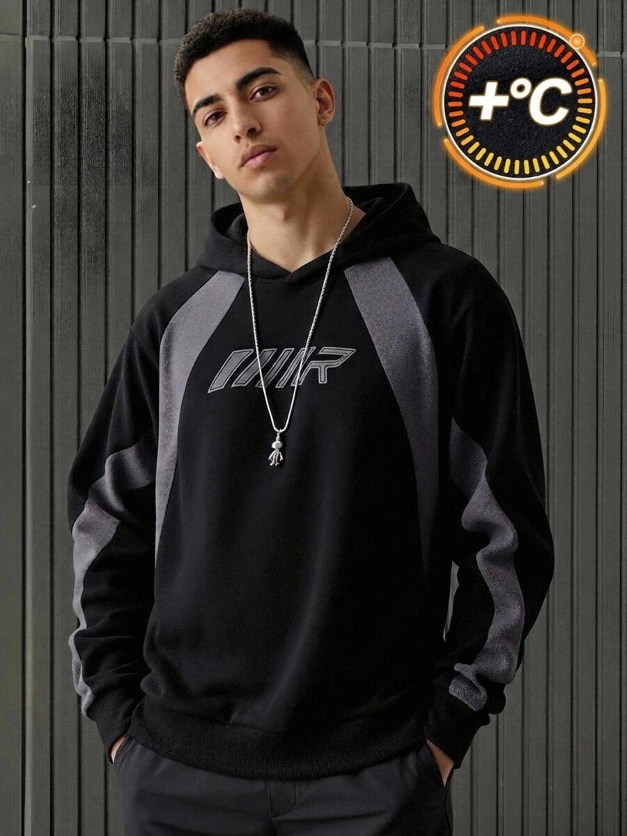 SHEIN Tween Boy Winter Street Kids Casual Colorblock Embroidered Crew Neck Loose Fit Fleece Autumn Sweatshirt, Suitable For School, Sports And Daily Wear - Black - View 1