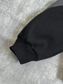 SHEIN 青少年男孩冬季街頭休閒拼接色刺繡圓領寬鬆抓絨衛衣，適合學校、運動與日常穿著 - 黑色 - 查看 4