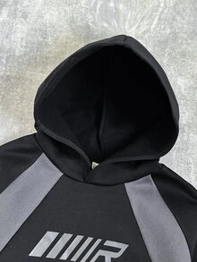 SHEIN 青少年男孩冬季街頭休閒拼接色刺繡圓領寬鬆抓絨衛衣，適合學校、運動與日常穿著 - 黑色 - 查看 3