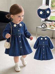 SHEIN Baby Girls Casual Floral Round Neck Loose Denim Dress - Medium Wash - View 1