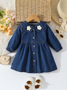 SHEIN Baby Girls Casual Floral Round Neck Loose Denim Dress - Medium Wash - View 3