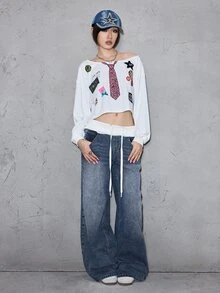 ROMWE Street Life Street Collage Print 3D Bow Button Design Asymmetric Shoulder Raw Hem Short Loose Fit Sweatshirt - White - View 3